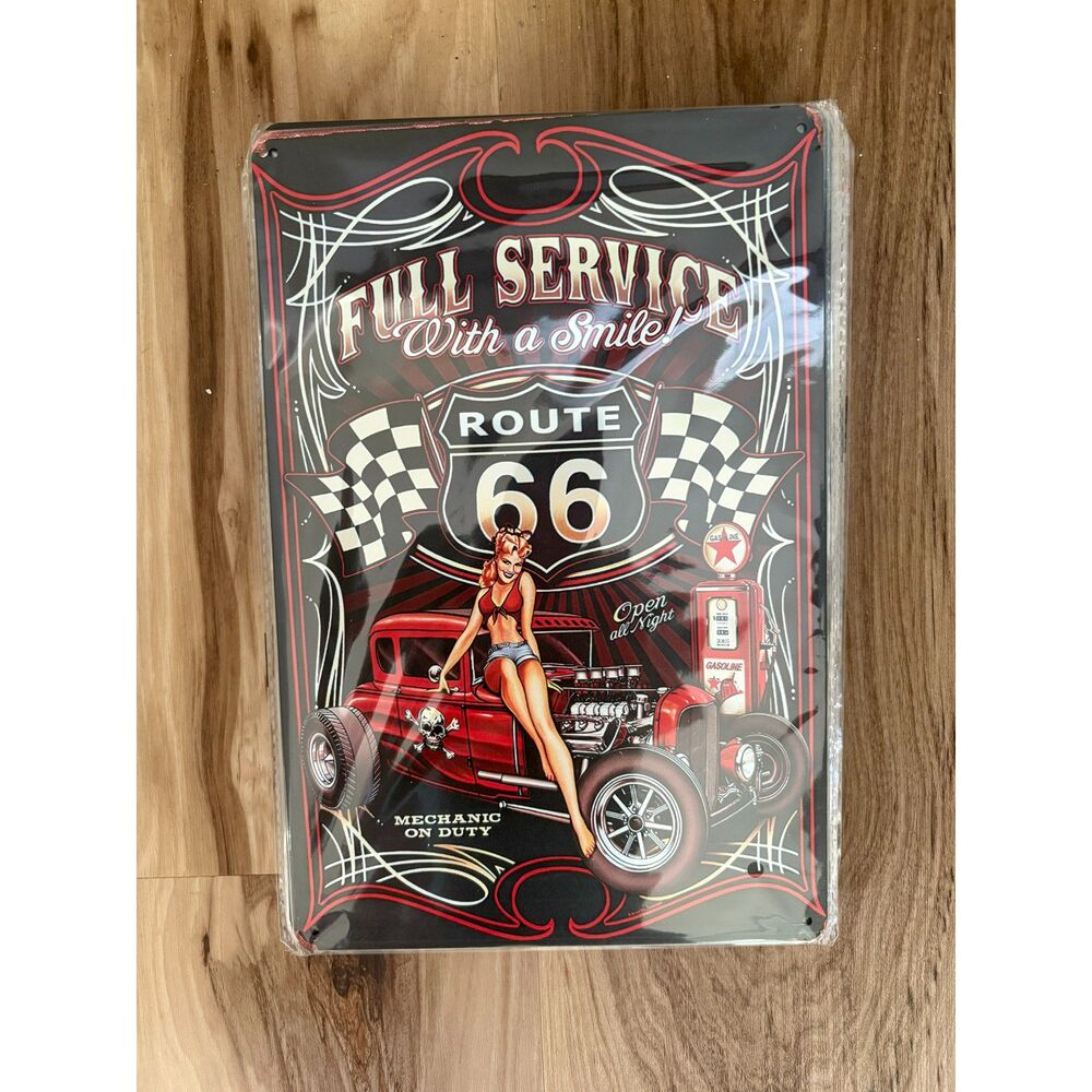Vintage Pinup "Route 66 Full Service" Metal Sign – Hot Rod & Garage Decor!